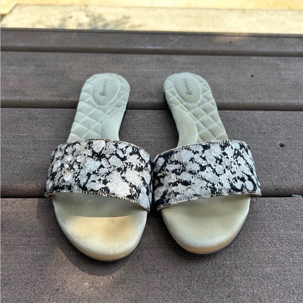 Birdies Women's Sandals - Black and Champagne Silver Calf Hair